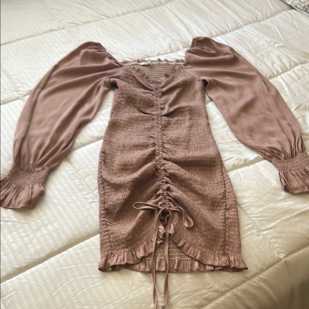 Blush Pink Ruched Tie Front Long Sleeve Dress
